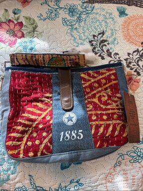 Denim Shoulder Tote with Red Printed Panels and 1885 Detail